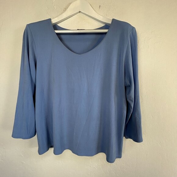 Eileen Fisher Womens V-Neck 3/4 Sleeve Top Blue Relaxed Fit Casual Lightweight - Picture 1 of 7
